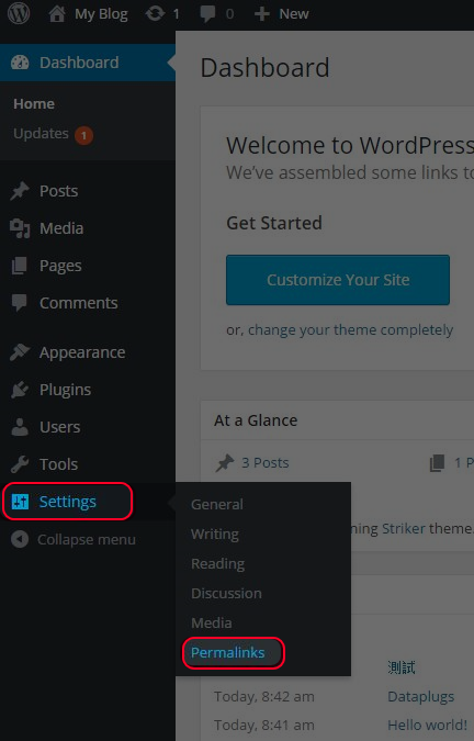 點擊“Setting” 然後選擇“Permalinks”。
點擊“Setting” 然後選擇“Permalinks”。