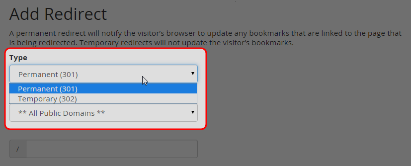 Choose temporary or permanent redirect type.
