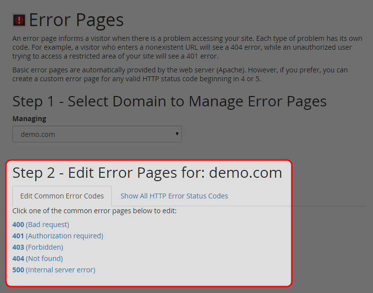 Select the error page you would like to customize.
