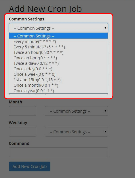 Select how often you wish the cron job to be run or by selecting a pre-defined period from the Common Setting drop down menu.
