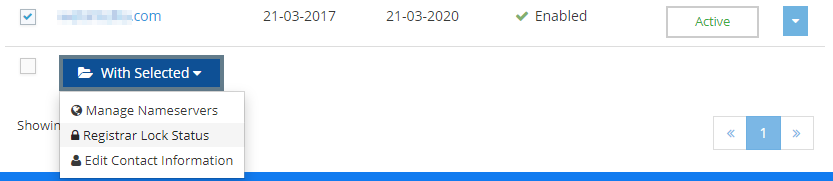 Select the domain name and click on the “Register Lock Status” button.
Select the domain name and click on the “Register Lock Status” button.
