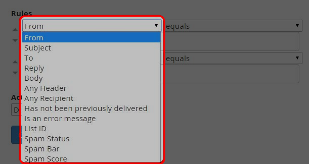Select the action from the drop down menu that should be performed if rule conditions are matched.
Select the action from the drop down menu that should be performed if rule conditions are matched.