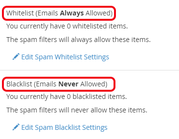 点击 “Edit Spam Whitelist / Blacklist Settings”  以设置垃圾邮件过滤器中的白名单/黑名单。
