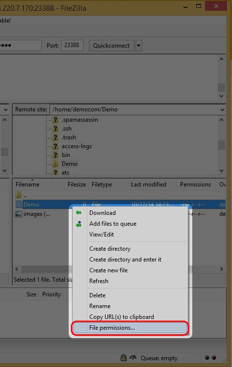To change the permission, right click on the selected file, then select “File Permissions”.

