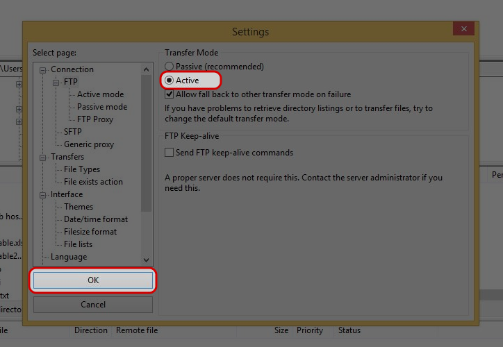 Select “FTP” from select page, then choose “Active” for Transfer Mode, and click “OK” to save the settings.
