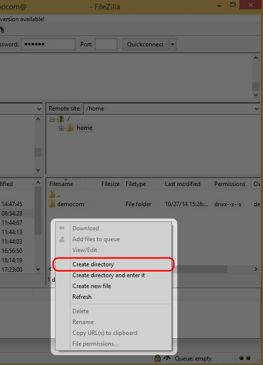 Right click and select “Create directory” on anywhere at Remote site.
