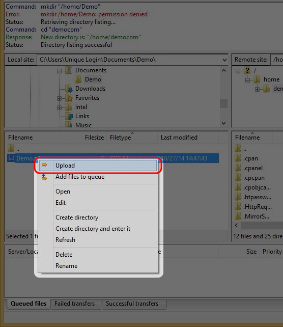 To upload files to the remote server, right click on the selected files, then select “Upload”.

