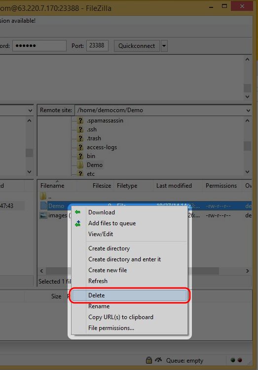 To delete file from the remote server, right click on the selected file, then select “Delete”. 
