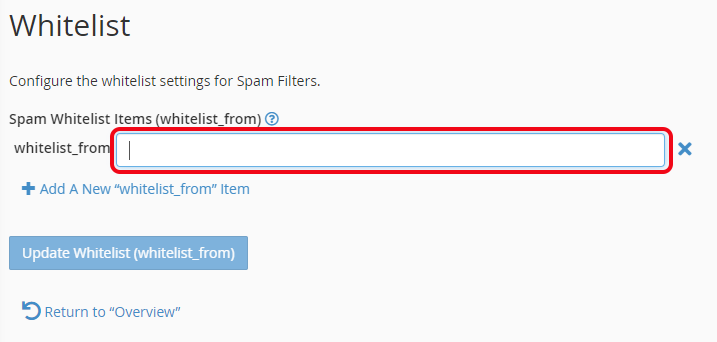 在 whitelist_from 文本框中输入电子邮件地址，然后点击更新白名单 (whitelist_from) 以保存您的更改。
备注：
• user@example.com — 将单个电子邮件地址列入白名单。
• *@example.com — 将example.com 的所有地址列入白名单。
• ?ser@example.com — 将 example.com 地址中的单个字符列入白名单（例如，user@example.com，但不包括 Auser@example.com）。
