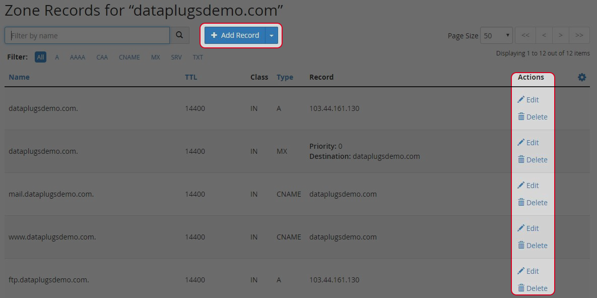 Click “Add Record” or “Edit” or “Delete” to manage the DNS records.
Click “Add Record” or “Edit” or “Delete” to manage the DNS records.