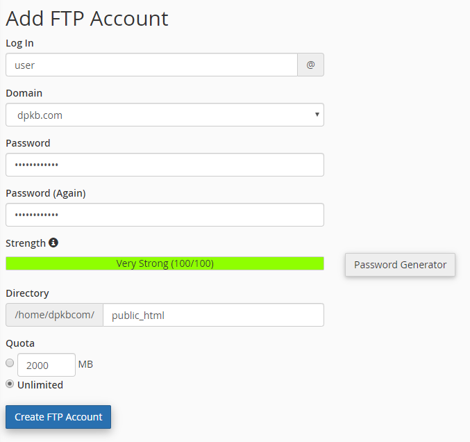 Enter FTP username at Login field.
Then enter a password and re-type it to confirm.
Set a quota for the FTP account (If you leave the quota as unlimited, the FTP user will have the ability to use the total amount of bandwidth for the account).
Click on “Create FTP Account”.
