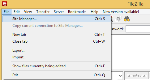 Select “Site Manager” from “File” menu.
