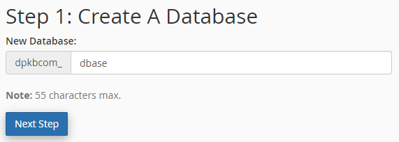 Name your database and click “Create Database”. Your database’s name will always start with cpanelusername_
Click “Next Step” button.
Name your database and click “Create Database”. Your database’s name will always start with cpanelusername_
Click “Next Step” button.