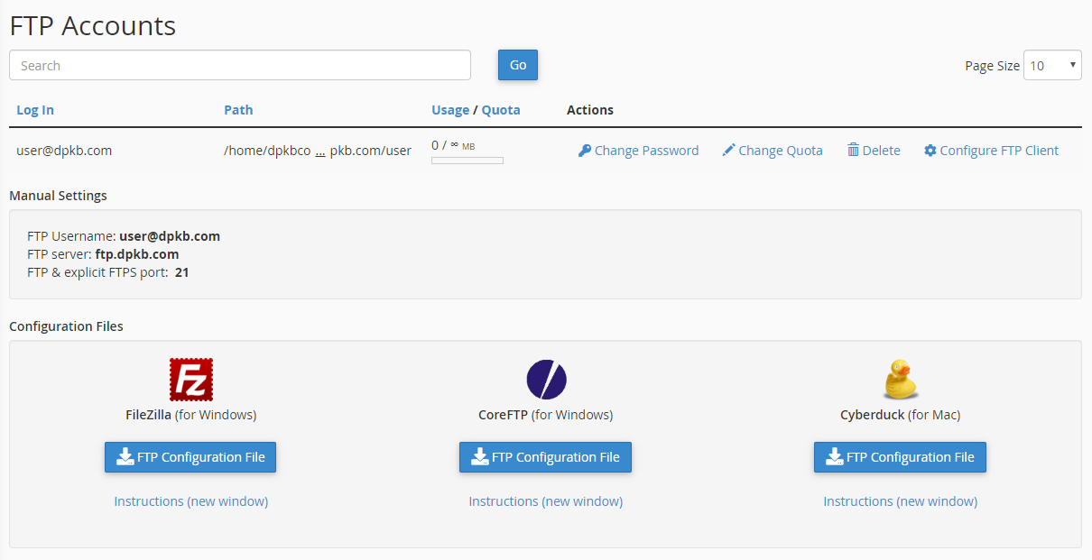 The FTP Accounts table allows you to manage existing FTP accounts.
Click “Configure FTP Client” for the FTP account you want to set up on your FTP client.
Click “FTP Configuration File” under the desired FTP client’s logo. The configuration file will be downloaded to your local computer.
Open the configuration script file that downloaded to your computer. The FTP client automatically opens, configures itself, and connects to your FTP server.
