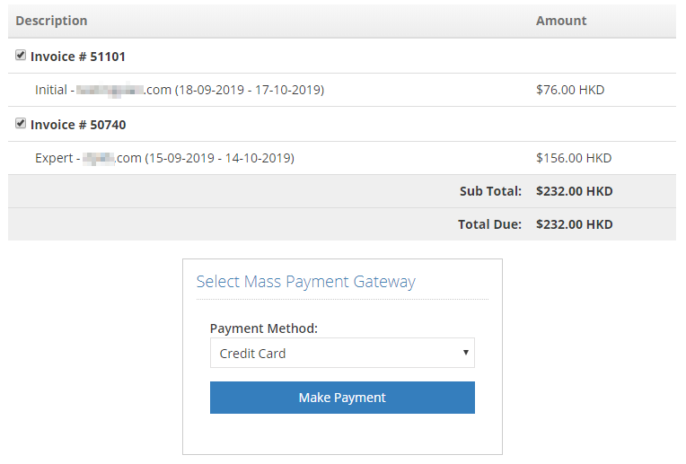 Tick the checkboxes next to the invoices you wish to combine for payment, and select “Payment Method”, then click “Make Payment”.
