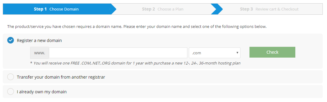 Select the appropriate domain selection and provide us the domain information.
(Register a new domain / Transfer your domain / use existing and update your nameservers)
Then click “Continue”.
