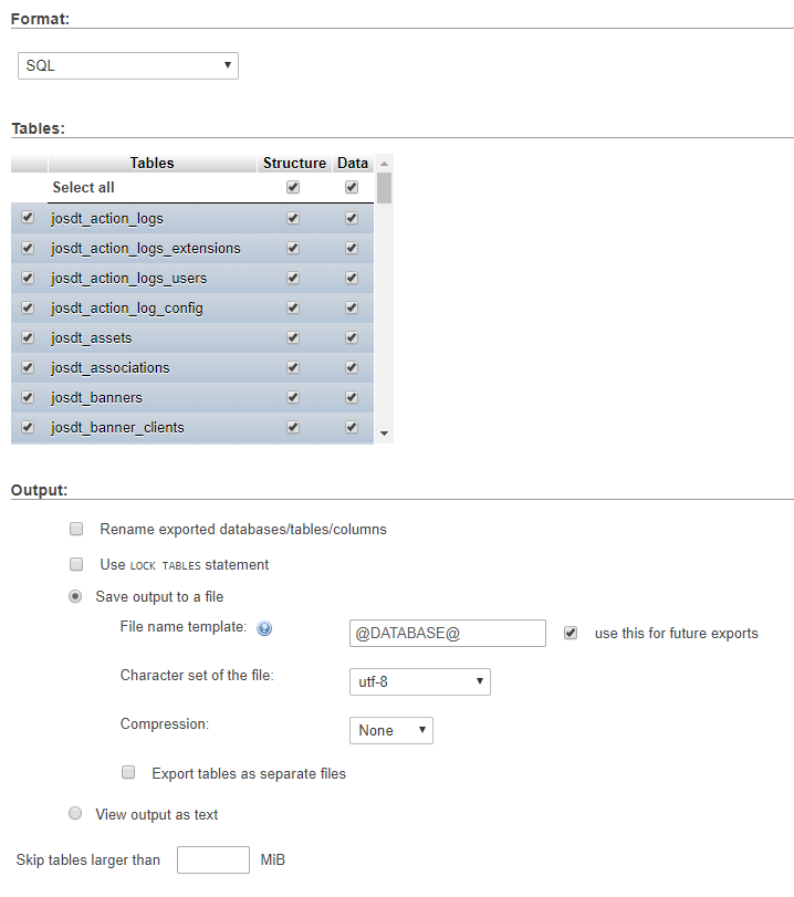 Click “Select All” and ensure “SQL” format is selected. Choose “Save output to a file”.
