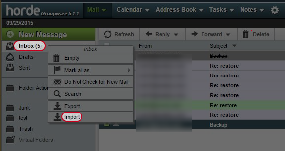 Right click Inbox or any folder which you want to import the emails in and choose “Import”.
