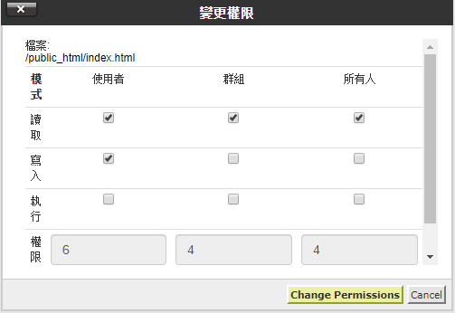 在彈出的視窗,更改有關文件的讀取、寫、執行的權限,許可的數值會相應地更改。點擊 “Change Permissions” 確定更改。
在彈出的視窗,更改有關文件的讀取、寫、執行的權限,許可的數值會相應地更改。點擊 “Change Permissions” 確定更改。