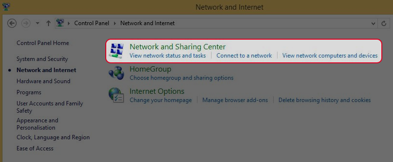 Choose “Network and sharing Center”.
Choose “Network and sharing Center”.