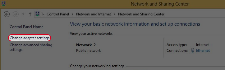 Click “Change adapter settings”.
Click “Change adapter settings”.