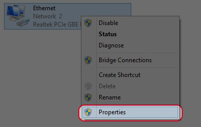 Right click on your network device and choose “Properties”.
Right click on your network device and choose “Properties”.