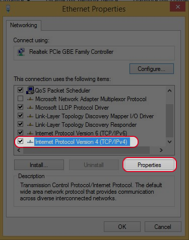Choose “Internet Protacol Version 4(TCP/IPv4)” and click “Propoties”.
Choose “Internet Protacol Version 4(TCP/IPv4)” and click “Propoties”.