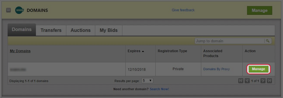 Click on “Manage” next to the domain name you would like to manage.
