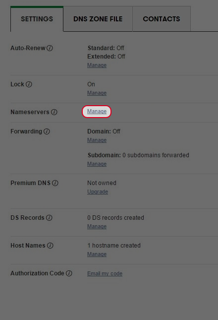 Click on “Manage” next to “Nameservers”.
