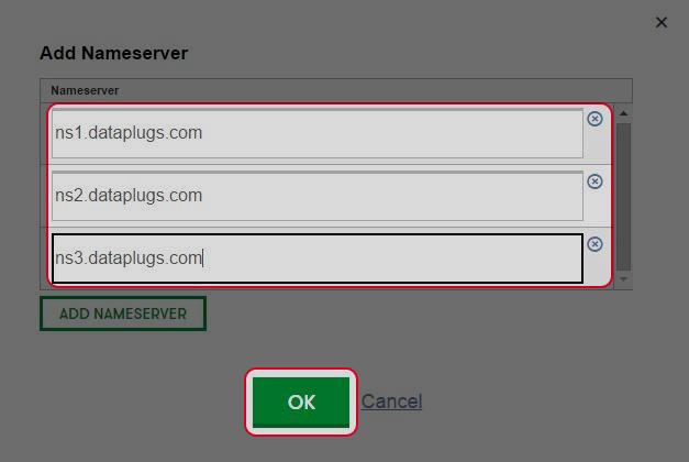 Enter the name servers of Dataplugs and click “OK”.
