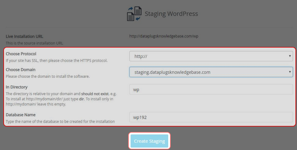 填写测试网站的数据:
Choose Protocol, Choose Domain.
(应使用您较早前建立的子域名或附加域名)
