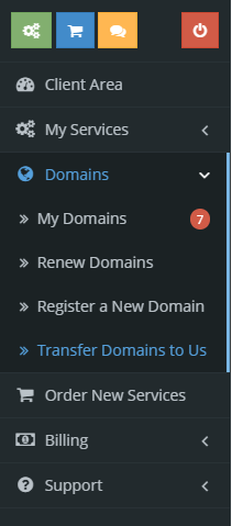 Select “Transfer Domain to Us” under “Domains” at the left side menu.
Select “Transfer Domain to Us” under “Domains” at the left side menu.