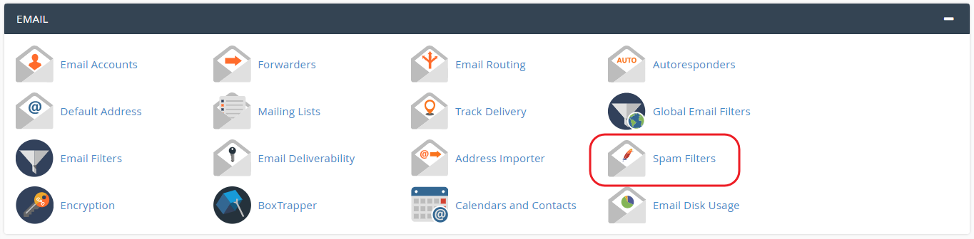 Log in to your cPanel and navigate to Email section.
Click on the Spam Filters menu:
Log in to your cPanel and navigate to Email section.
Click on the Spam Filters menu: