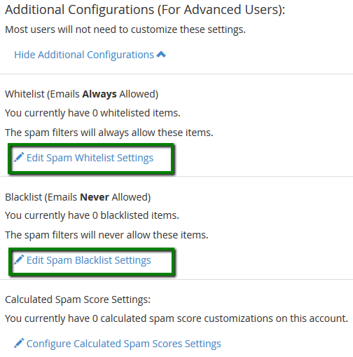 Whitelist / Blacklist
It is possible to add some email addresses or domains to whitelist/blacklist using the Whitelist (Emails Always Allowed) and Blacklist (Emails Never Allowed) options.
Whitelist / Blacklist
It is possible to add some email addresses or domains to whitelist/blacklist using the Whitelist (Emails Always Allowed) and Blacklist (Emails Never Allowed) options.
