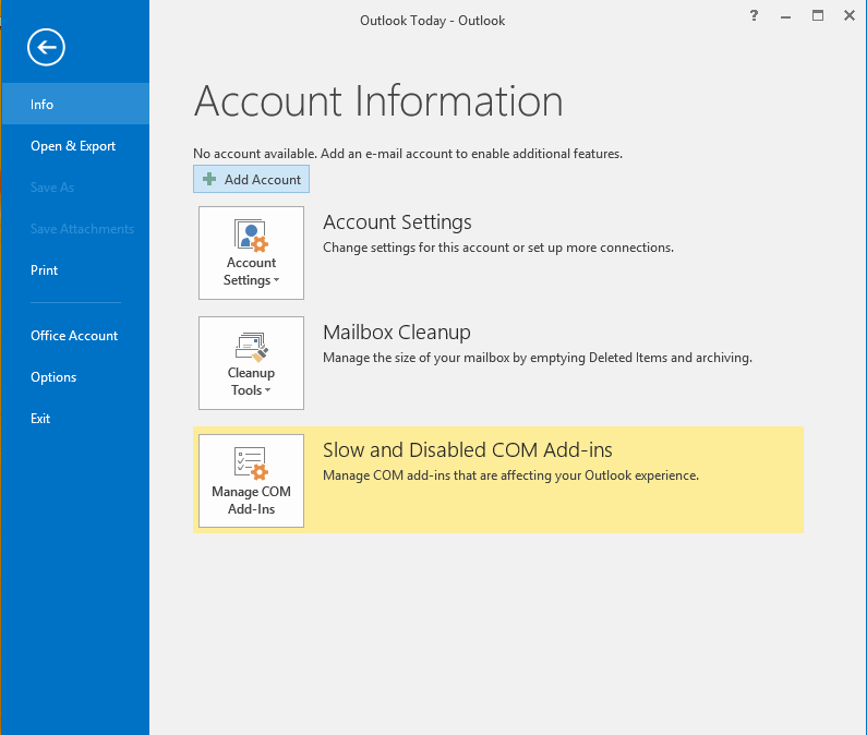 打開Outlook。點擊 “文件” > “信息” >“新增帳戶”。
