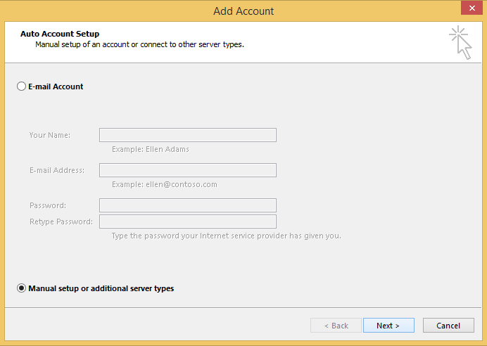 選擇 “手動配置服務器設置或其他服務器類型”，然後點擊 “下一步”。
