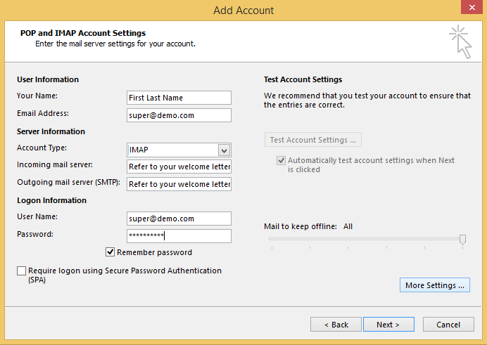 您需要輸入以下信息：

你的名稱：輸入你的名稱。這是您發送電子郵件的發件人名稱。
電子郵件地址：完整的電子郵件地址
帳戶類型：POP3 / IMAP
接收郵件服務器：mail.yourdomain.com
發送（SMTP）郵件服務器：mail.yourdomain.com
用戶名稱：完整的電子郵件地址
密碼：郵箱賬號密碼

點擊 “更多設置”。
