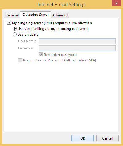 點擊 “發送服務器” 選項，然後選擇 “我的發送服務器需要身份驗證”，然後選擇 “使用與接收郵件服務器相同的設置”。
