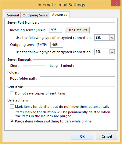 點擊 “高級” 選項。
注意事項：



非 SSL 設置
安全 SSL / TLS 設置


接收郵件服務器: mail.yourdomain.com

IMAP 端口 : 143
POP3 端口: 110

發送服務器: mail.yourdomain.com

SMTP 端口 : 2525


接收郵件服務器: 伺服器名稱 (請參考帳戶資料電郵)

IMAP 端口 : 993
POP3 端口 : 995

發送服務器: 伺服器名稱 (請參考帳戶資料電郵)

SMTP 端口 : 465





備註：如果您使用安全的 SSL/ TLS 設置，在傳出和傳入郵件中勾選 “此服務需要一個安全連接（SSL）”的框。
點擊 “確定” 即可完成。
