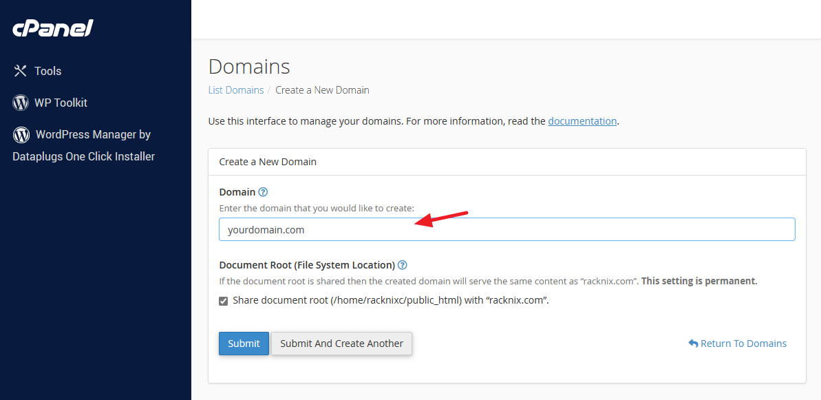 Enter the domain name to add in the “Domain” text box.
Enter the domain name to add in the “Domain” text box.