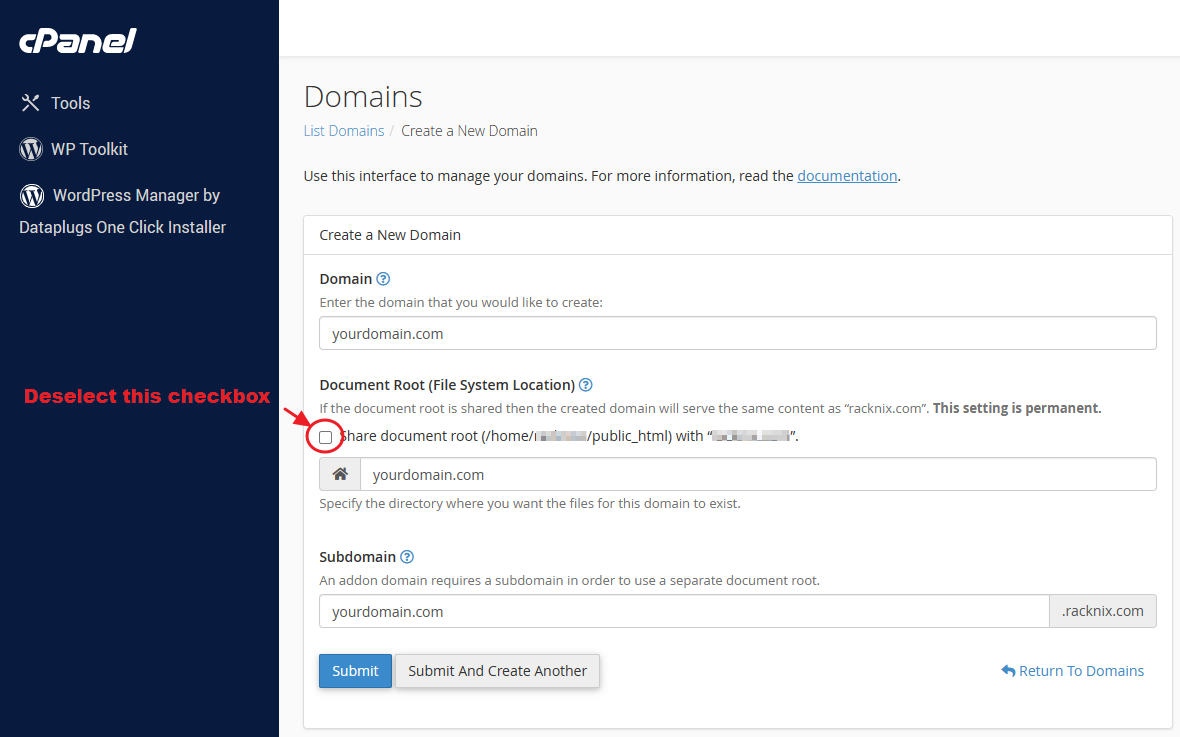 Deselect the “Share document root (/home/username/public_html) with “domain.tld” option;
or Enter the directory where you want the files for this domain to exist.
Deselect the “Share document root (/home/username/public_html) with “domain.tld” option;
or Enter the directory where you want the files for this domain to exist.