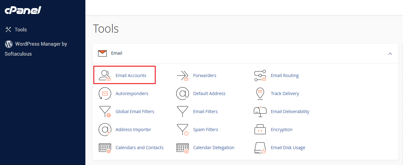 Login to your cPanel, and click on “Email Accounts” icon at Email area.
Login to your cPanel, and click on “Email Accounts” icon at Email area.