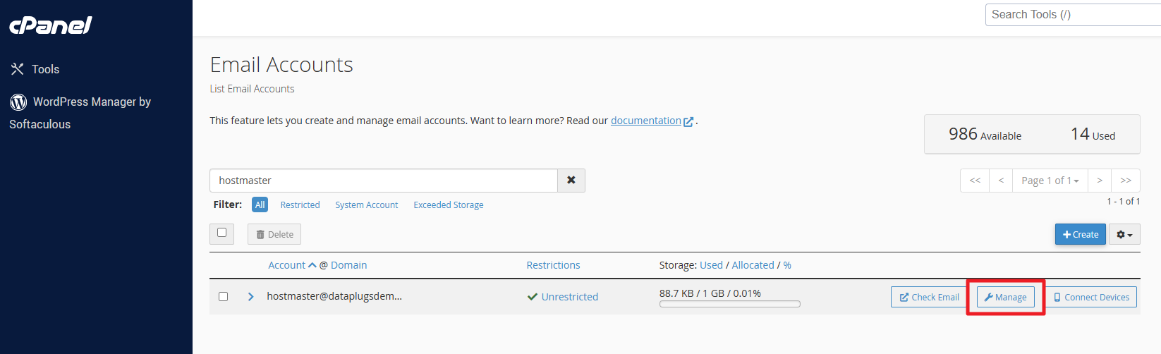 Click on “Manage” next to the email address you would like to reset the password for.
Click on “Manage” next to the email address you would like to reset the password for.